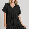 Umgee Full Size Raw Hem Folded Sleeve Tiered Dress Plus Size - Black