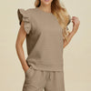 Double Take Full Size Texture Round Neck Ruffle Sleeve Top and Shorts Set - Khaki