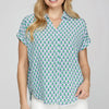 She + Sky Full Size Printed Johnny Collar Short Sleeve Blouse Plus Size - Turquoise
