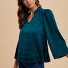 Annie Wear Satin Notched Three-Quarter Sleeve Blouse - Deep Teal