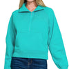 Zenana Fleece Half Zip Kangaroo Pocket Sweatshirts - TURQUOISE