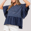 SAGE + FIG Ruffle Sleeve Washed Short Sleeve Blouse - Navy