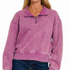 Zenana Acid Wash Fleece Half Zip Sweatshirt - LT PLUM
