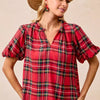 BiBi Christmas Plaid Short Sleeves Ruffled Blouse - RED PLAID