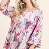 BiBi Tie Dye Print Terry A Line Top with Bell Sleeves - PINK MULTI