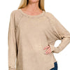 Zenana Crinkle Washed Thumb Hole Cuffs Long Sleeve Top - ASH MOCHA