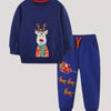 Children's Reindeer Embroidered Christmas Outfit Set - Dark Navy