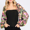 ODDI Full Size Floral Balloon Sleeve Blouse - Black