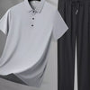 Men's Plus Size Button Detail Polo and Pants Set - Light Gray