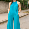 Double Take Full Size Tie Back Cutout Sleeveless Jumpsuit - Aqua