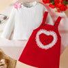 Children's Heart Decor Corduroy Overall Dress & Ribbed Top Set - Deep Red