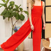 ADORA Full Size Smocking Top Wide Leg Jumpsuit Plus Size - RED CORAL