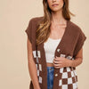 Annie Wear Checkered Button Down Short Sleeve Cardigan - Dark Brown