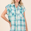 Mittoshop Mineral Wash Plaid Button Down Shirt - Turquoise