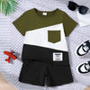 Children's Color Block Short Sleeve Top and Shorts Set - Army Green