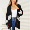 Perfee Striped Rib-Knit Drop Shoulder Open Front Cardigan - Black