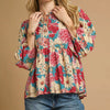 Umgee Mix Floral Peplum Blouse with Tie Neck - LAGOON MIX