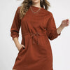 Umgee Drawstring Cable Knit Mini Dress with Pockets - Rust
