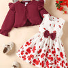 Children's Bow Dress & Ruffle Trim Cardigan Set - Deep Red