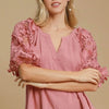 Umgee Full Size French Terry Boxy Cut Top with 3D Floral Sleeve Plus Size - Dusty Pink