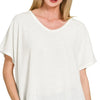 Zenana Ribbed V-Neck Short-Sleeve Knit Top - OFF WHITE
