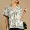 Umgee Full Size Floral Print Metallic Ruffle Blouse Plus Size - Black