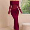 Off-Shoulder Long Sleeve Ruched Bodycon Maxi Dress - Burgundy