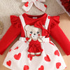 Children's Bear Heart Print Dress & Headband Set - Red