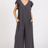 Mittoshop V-Neck Ruffled Cap Sleeve Wide Leg Jumpsuit - Charcoal