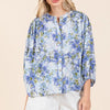 Mittoshop Flower Print Batwing Sleeve Button Down Blouse - Blue