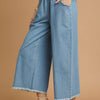 Umgee Washed Fringe Hem Wide Leg Jeans - LT. DENIM