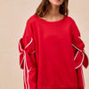 BiBi Bow Detail Sleeves Fleece Sweatshirt - RED/WHITE