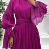 Pleated Mock Neck Long Sleeve Maxi Dress - Deep Purple