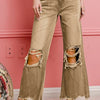 BiBi Distressed Vintage Washed Wide Leg Pants - VINTAGE CAMEL