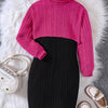 Children's Ribbed Knit Two-Tone Dress Set - Deep Rose