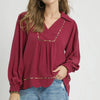 Umgee Full Size Linen Scallop Hem Blouse with Contrast Trim Plus Size - MERLOT