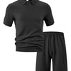 Men's Full Size Textured Polo Shirt and Shorts Set Plus Size - Black