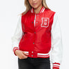 Love Me Now PU Leather Contrast Snap Down Bomber Jacket - Red/White