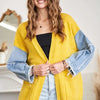 ADORA Full Size Frayed Denim Sleeve Sweater Cardigan Plus Size - MUSTARD