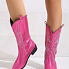 Embroidered Block Heels Boots - Hot Pink