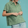 Umgee Patch Lace Short Sleeve Button Down Shirt - Sage