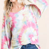 BiBi Tie Dye Print Terry Top With Puff Sleeves - PINK MULTI
