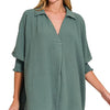 Zenana Airflow Collar Tee with Smocked Sleeve Band Top - ASH JADE