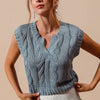 SO ME Notched Neck Cable Knit Sweater Vest - DENIM