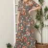 BOMBOM Floral Round Neck Short Sleeve Maxi Tee Dress - Coffee Brown