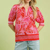 Umgee Tropical Print Puff Sleeve Blouse - RED