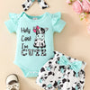 Children's Ruffled Cow Bodysuit and Shorts Set with Headband - Light Blue