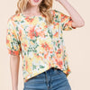 BOMBOM Floral Round Neck Puff Sleeve Top - Orange Mix
