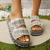 Rhinestone Double Buckle Platform Sandals - White