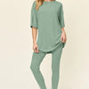 Double Take Full Size Round Neck Dropped Shoulder T-Shirt and Leggings Set - Light Green